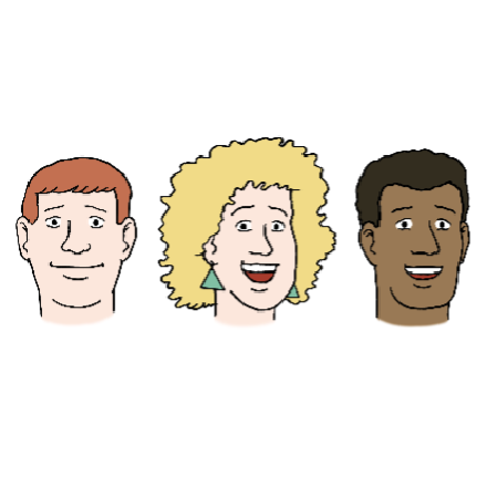 Zeichnung von drei Personen mit unterschiedlichen Haut- und Haarfarben