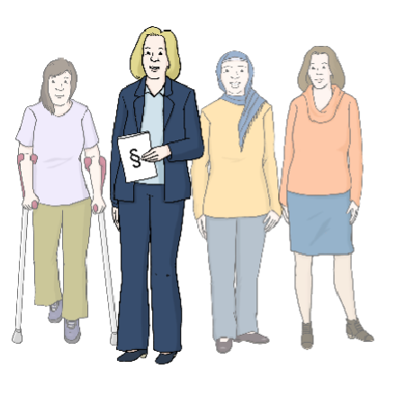 Zeichnung von vier Frauen. Eine der Frauen steht im Vordergrund
