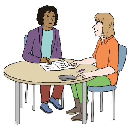 Zeichnung von zwei Personen, die am Tisch sitzen und sich unterhalten
